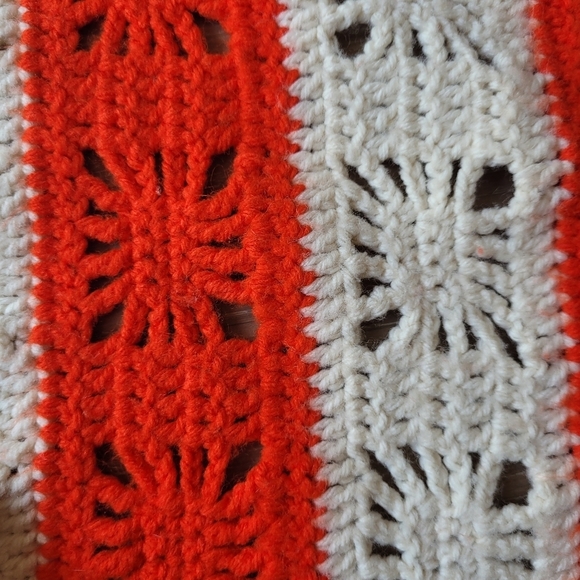 Handmade Vintage Crocheted Orange/White Stripe Throw Blanket w/Detailed Squares - Picture 4 of 7
